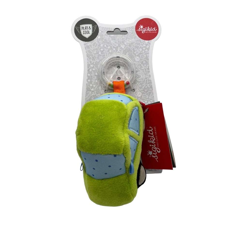 Sigikid Play & Cool Baby Plush Car Rattle Ring Crackling Foil Squeaker Green New